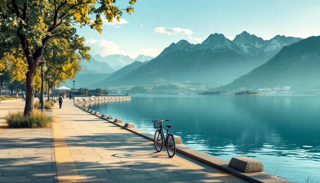 Illustration éditoriale générique d’une promenade arborée au bord d’un lac alpin avec un vélo